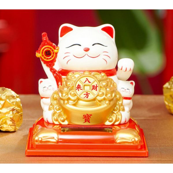 Кіт Манекі Неко з чашею достатку білий на сонячній батарейці 9 см