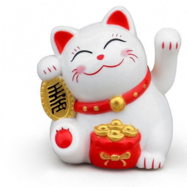 Кіт Манекі Неко з ієрогліфом і монетами білий на сонячній батарейці 6 см