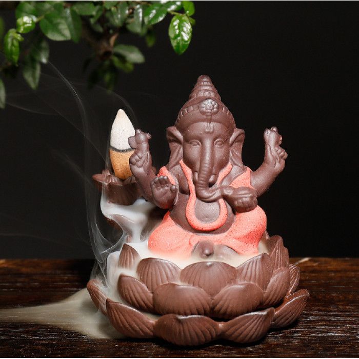 Подставка под аромаконусы Водопад "Жидкий дым" керамическая "Ганеша на лотосе" №2 Красный