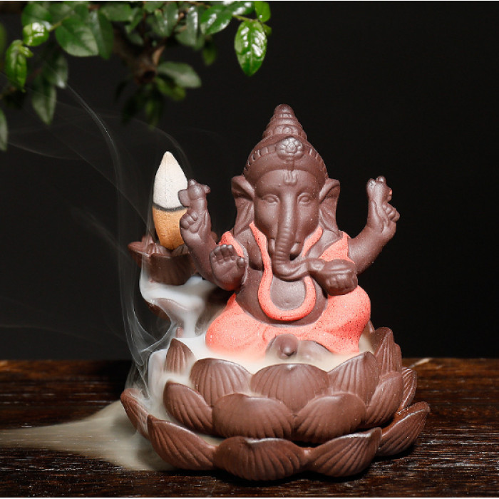 Подставка под аромаконусы Водопад "Жидкий дым" керамическая "Ганеша на лотосе" №2 Красный