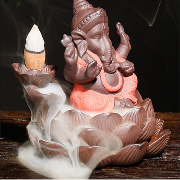 Подставка под аромаконусы Водопад "Жидкий дым" керамическая "Ганеша на лотосе" №2 Красный